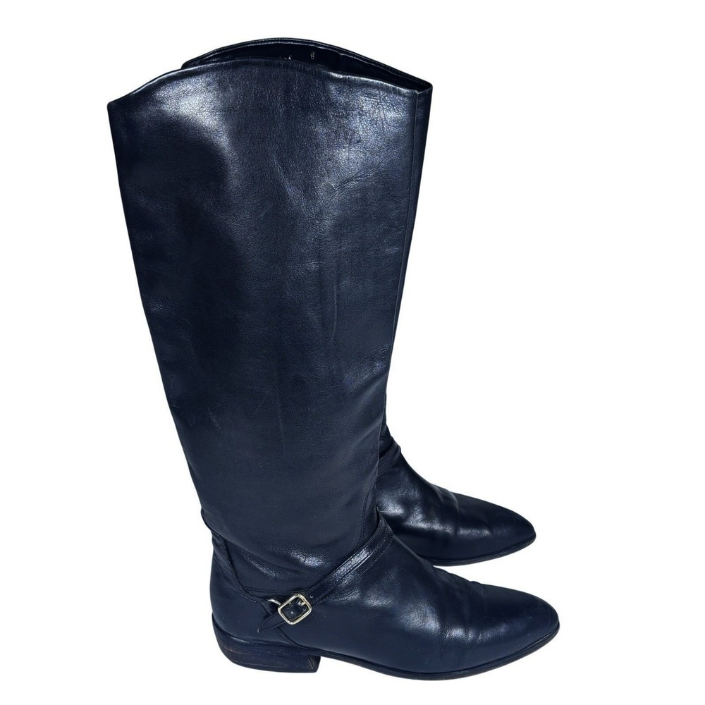 Charles David Tall Riding Boots Black Leather Buckle Strap Minimalist Women 8